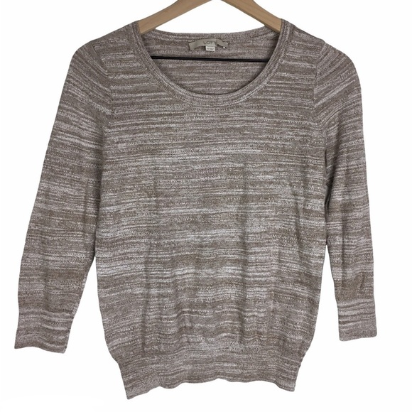LOFT Sweater 3/4 Sleeves Marled Oatmeal Crew Scoop Neck Minimalist Neutral XS - Picture 8 of 8
